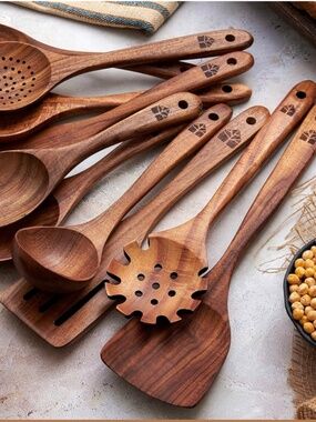 Zulay Kitchen 12-Piece Teak Wood Kitchen Utensil Set NIB